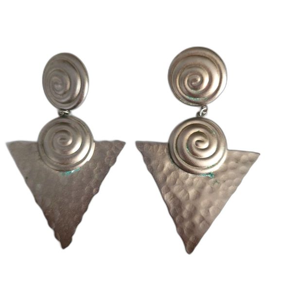 Vintage Jewelry - Vintage Silver Spiral and Triangle Design Pierced Earrings